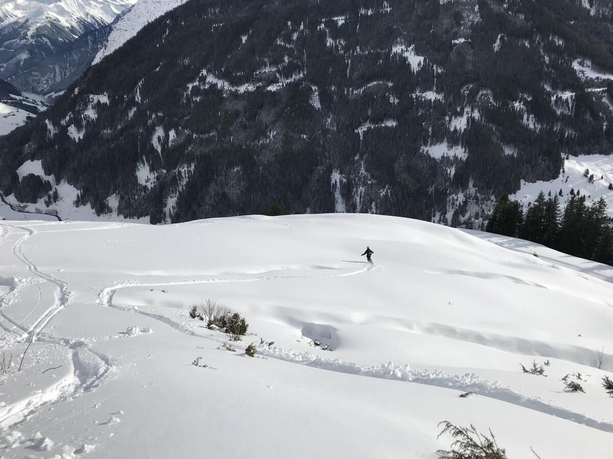 Ski tour descent through untouched snow near the Breitbergalm, deep snow in the Zillertal, Tyrol