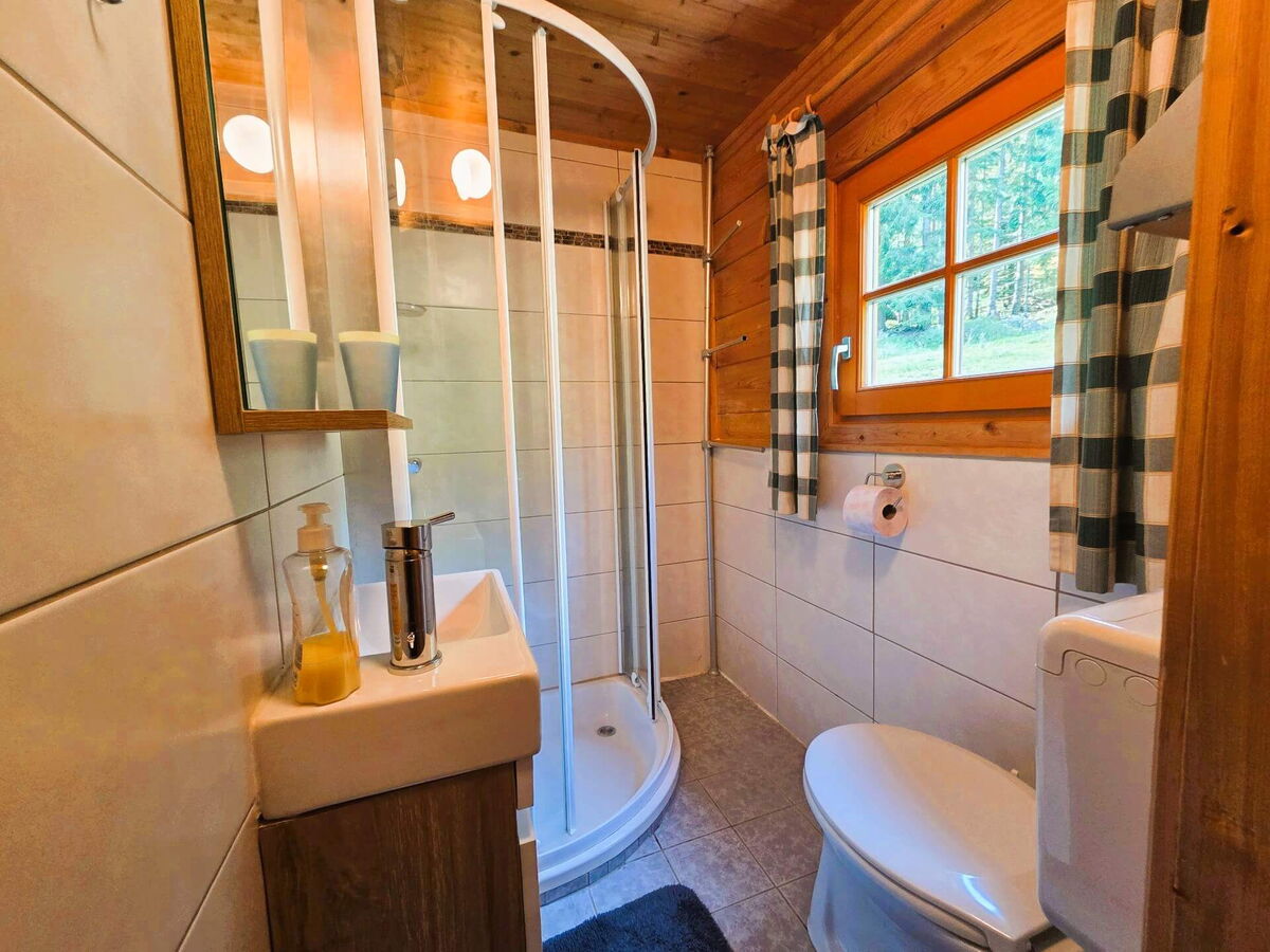 Modernes Bad in der Mühlenhütte mit Dusche und Waschbecken, Komfort in der Sommerhütte im Pielachtal
