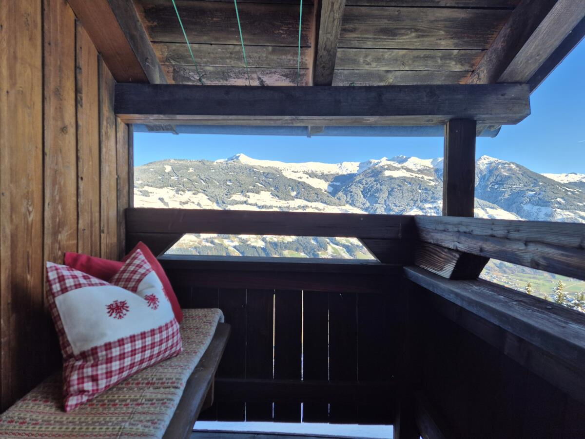 Mountain view from the balcony of the Breitbergalm in summer, mountain cabin on the Fügenberg in the Zillertal