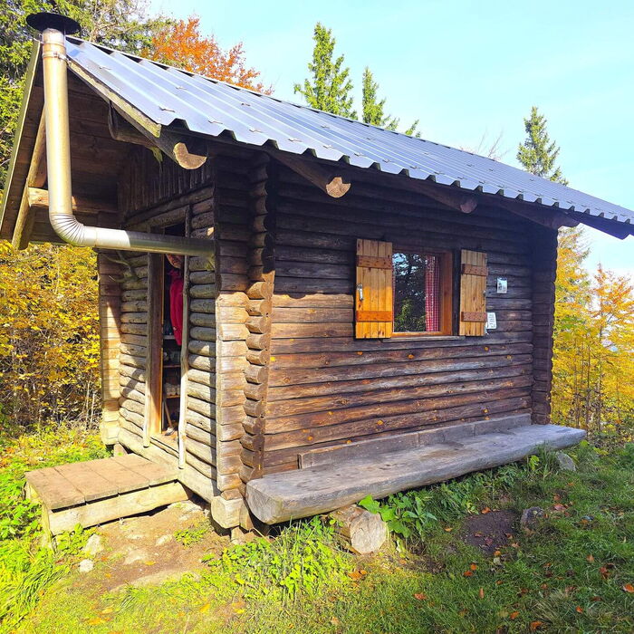Die urig schöne Abenteuer-Hütte am Geißenberg im Mostviertel, erstrahlt durch die Sonnenstrahlen in warmen Licht.