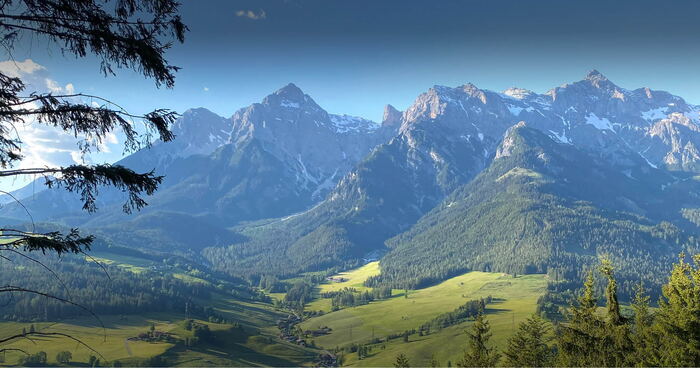 Wide panorama view from a mountain ridge