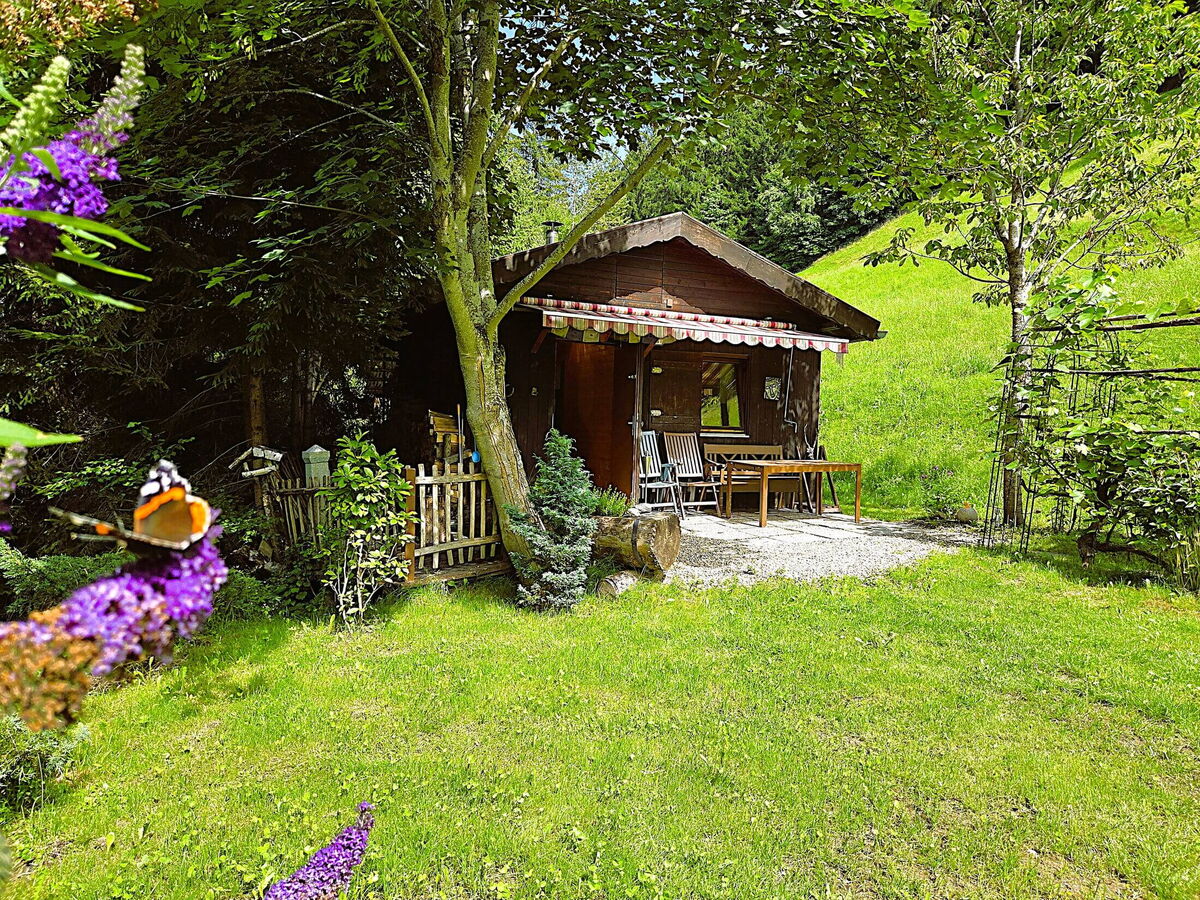 Das Kochhäusl am Wattenberg von vorne mit überdachtem Sitzplatz, blühendem Garten und Wiese, romantische Berghütte in Alleinlage