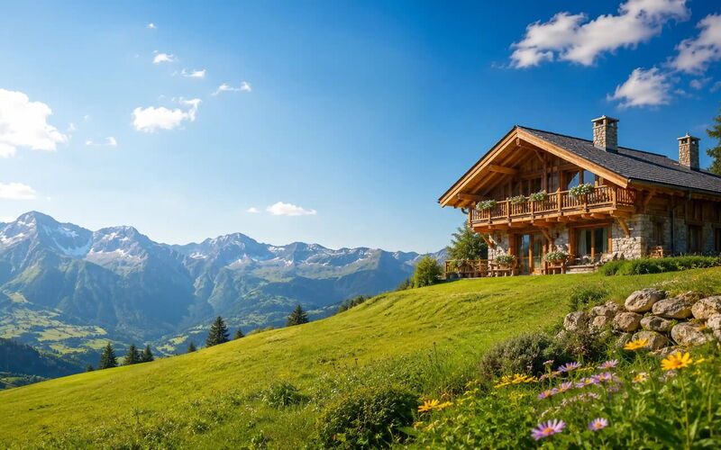 Almhütte auf einer grünen Bergwiese mit Bergpanorama im Sommer