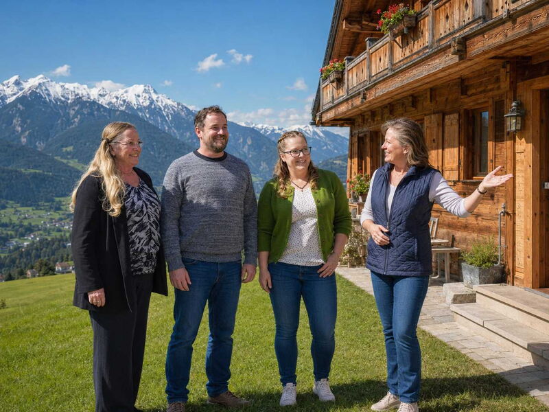 Vier Personen stehen im Gespräch vor einer Holzhütte