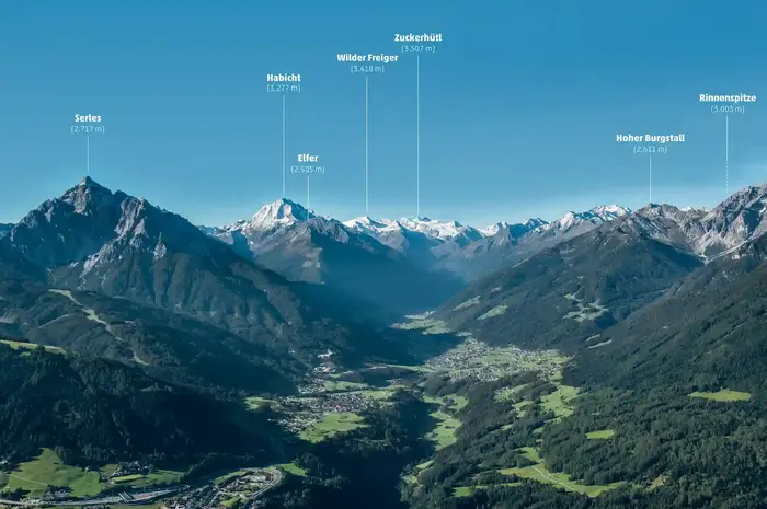 Panoramic view into the Stubai Valley with labelled peaks from the Serles to the Zuckerhütl