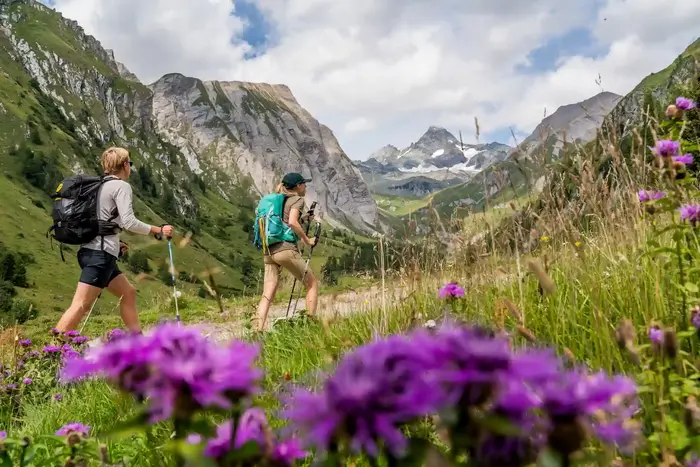 Zwei Wanderinnen mit Rucksack auf einem Wiesenweg in Osttirol, im Hintergrund die vergletscherten Gipfel des Nationalparks Hohe Tauern