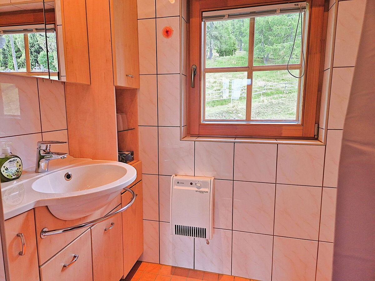 Zweites Badezimmer der Pietschacher Almhütte, hell gefliest, mit Waschbecken, Spiegel und zwei Fenstern