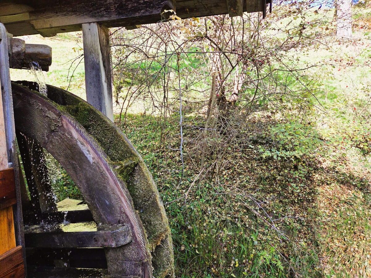 Historisches Wasserrad an der Mühlenhütte im Pielachtal, originales Wasserrad in der Sommerhütte im Mostviertel