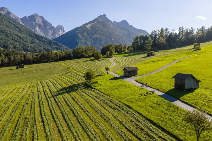 Gemähte Bergwiesen mit Heustadeln im Talboden des Stubaitals, dahinter die Felsgipfel