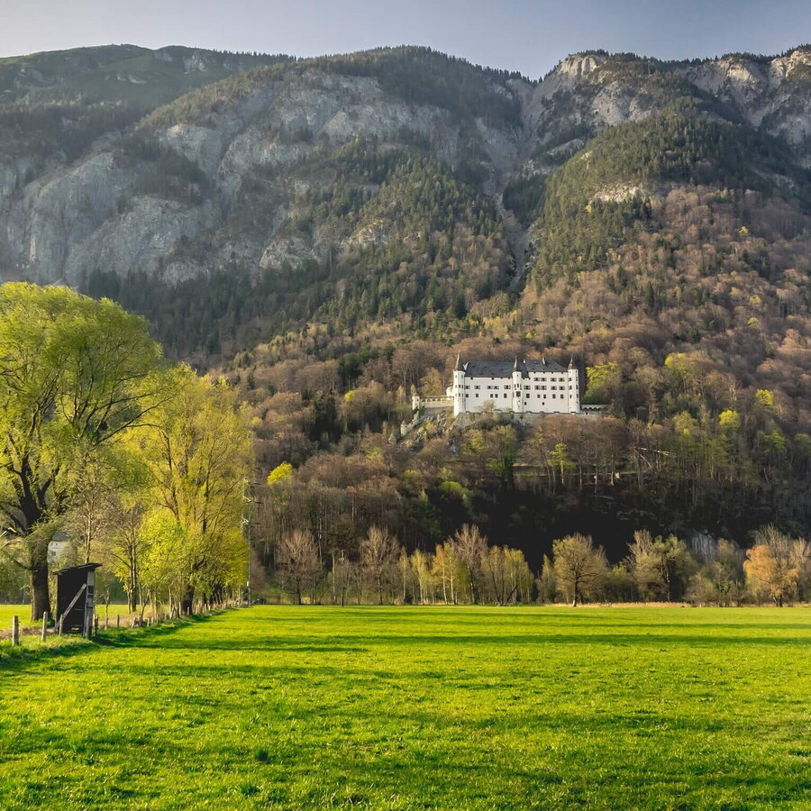 Das schöne Schloss Tratzberg zeigt sich von seiner schönsten Seite auf dem Berghang.