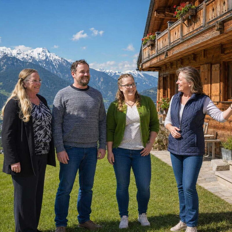 Vier Personen stehen im Gespräch vor einer Holzhütte