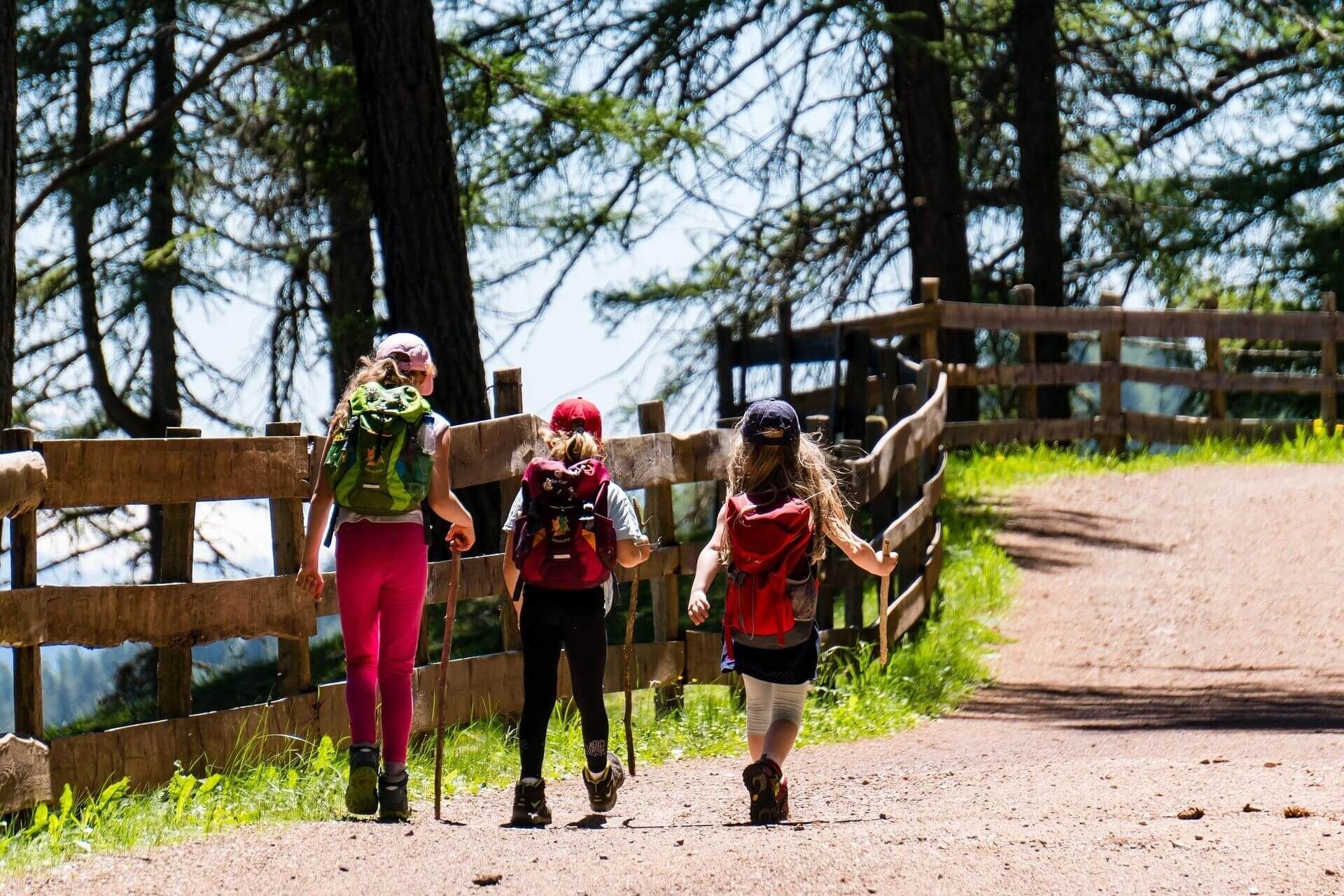 Mit den Geschwistern auf einem breiten Wanderweg wandern.