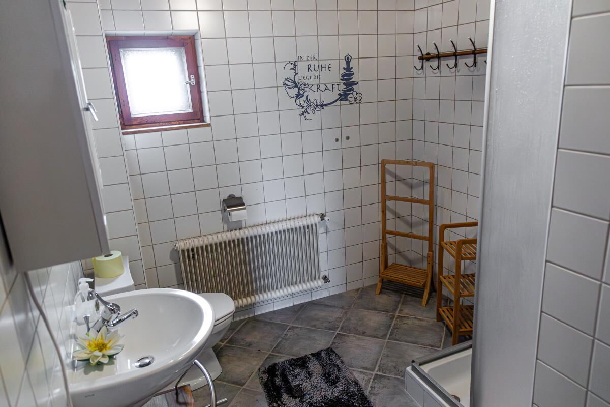 Bathroom in the Grafenhäusl with washbasin and shower, two bathrooms for up to 12 people in Tyrol