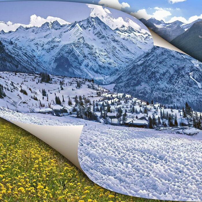 Die Jahreszeiten werden mit blühender Löwenzahnwiese, Schneebedeckter Landschaft und bräunlichen Bergen klar dargestellt.