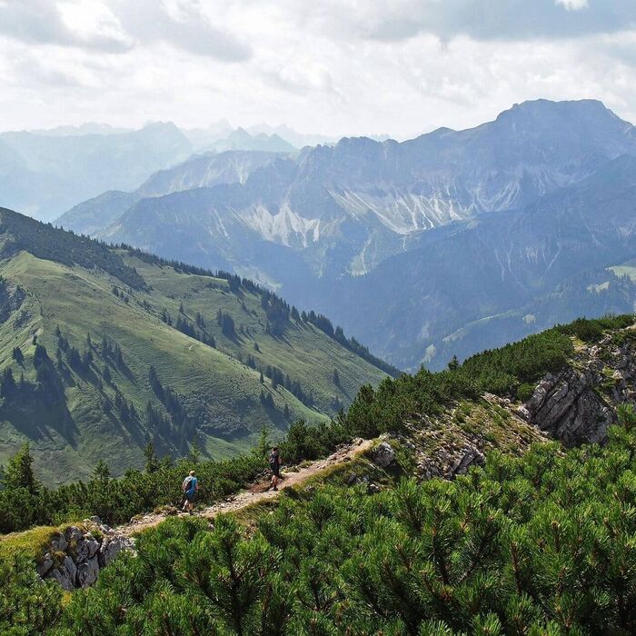 Einen schmäleren Wanderpfad über den Gebirgsgrad durchlaufen.