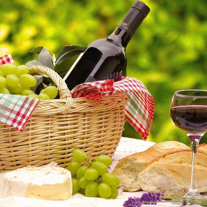 Ein Picknick in der Natur auf der Decke mit einem Glas Wein und vielen Köstlichkeiten aus dem Picknick Korb genießen.