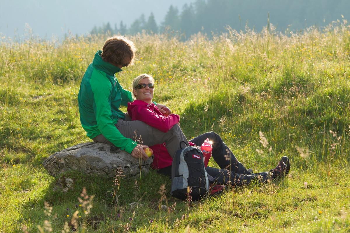Family with children resting on a boulder in the summer mountain meadow, family hiking from the Waldsicht am Karwendelgebirge holiday apartment in Gnadenwald