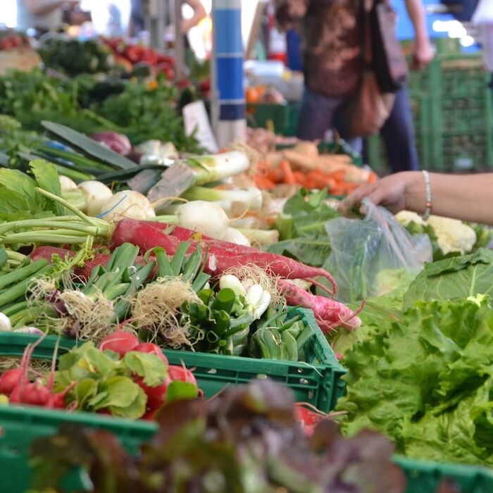 Große Einkaufsmöglichkeit beim Bauernmarkt mit frischem Gemüse, Obst, Käse, Wurst und vielen mehr.