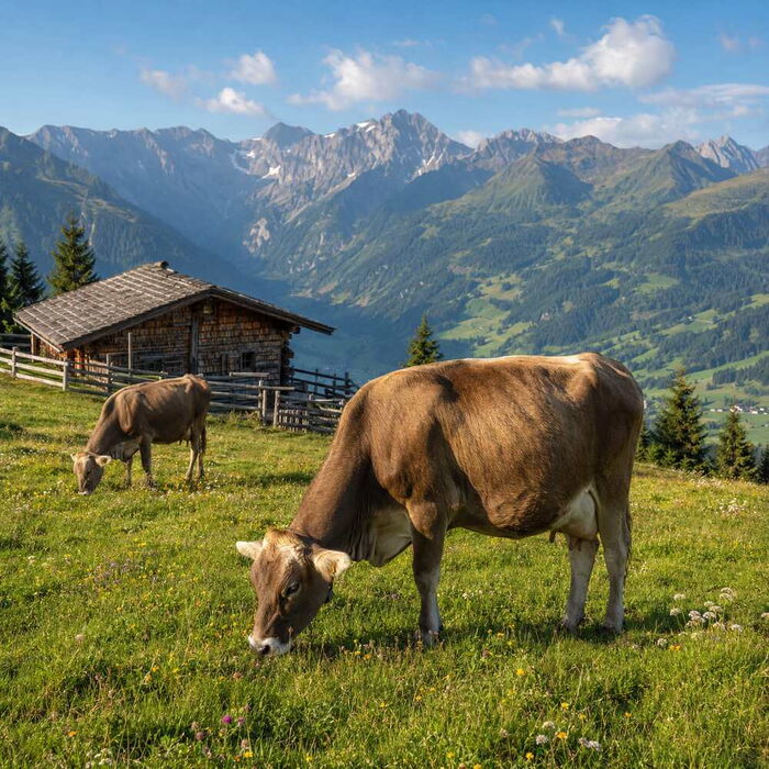 Eine Kuh grast auf der Alm vor einer Almhütte