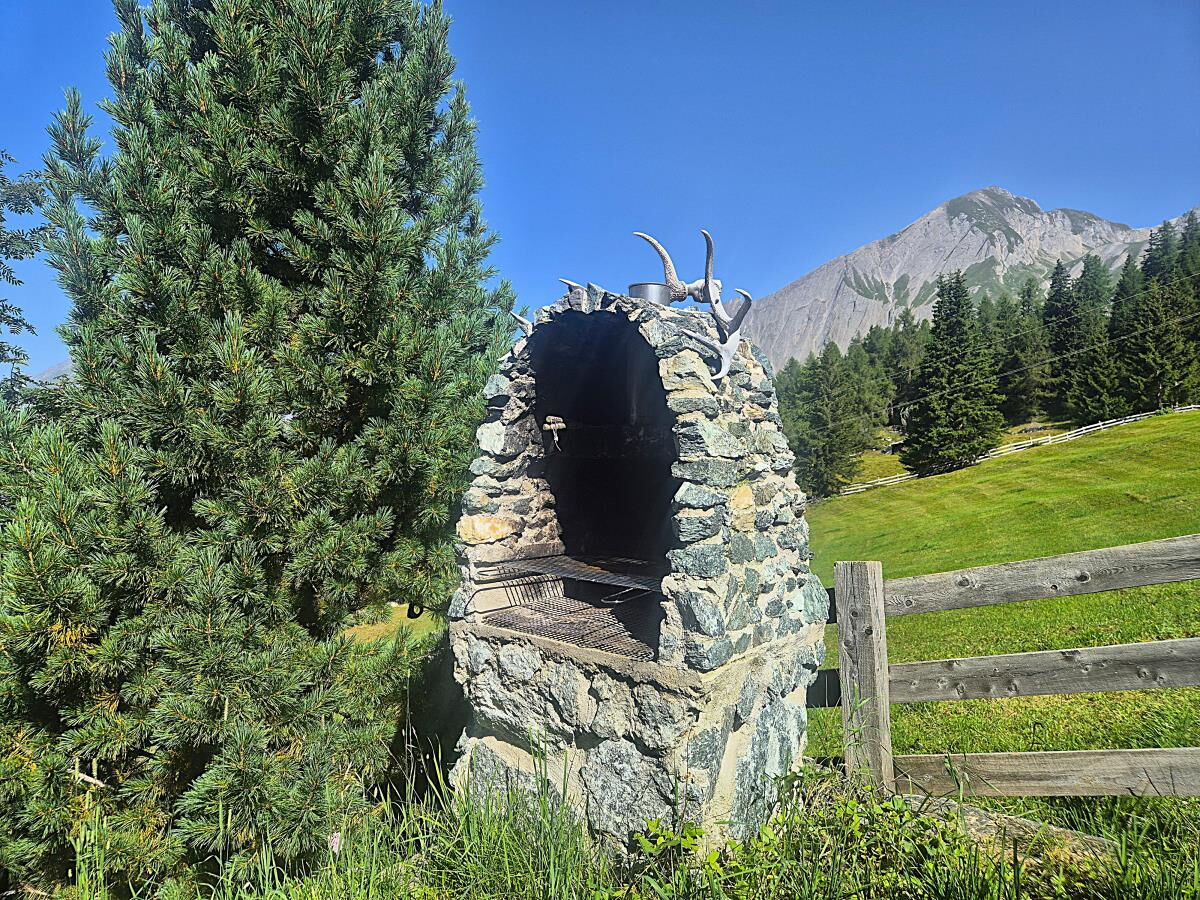Steinerner Backofen mit Gamsgeweih vor der Zarze Almhütte, Almhütte in Alleinlage in Matrei in Osttirol