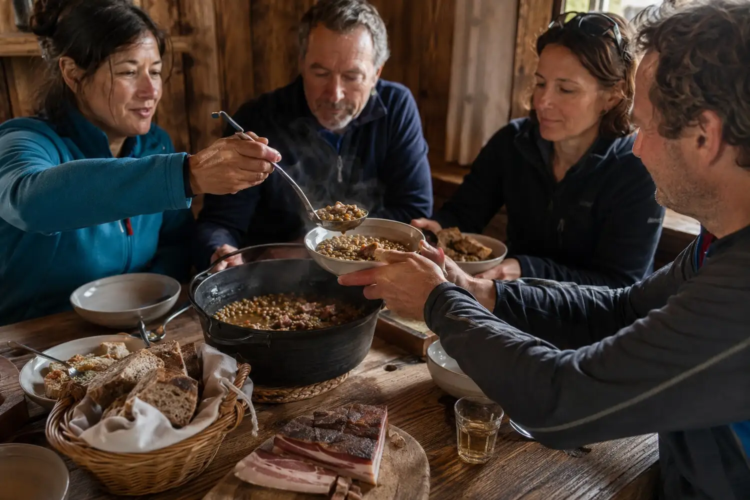Berglinsen mit Speck being prepared and enjoyed at the hut