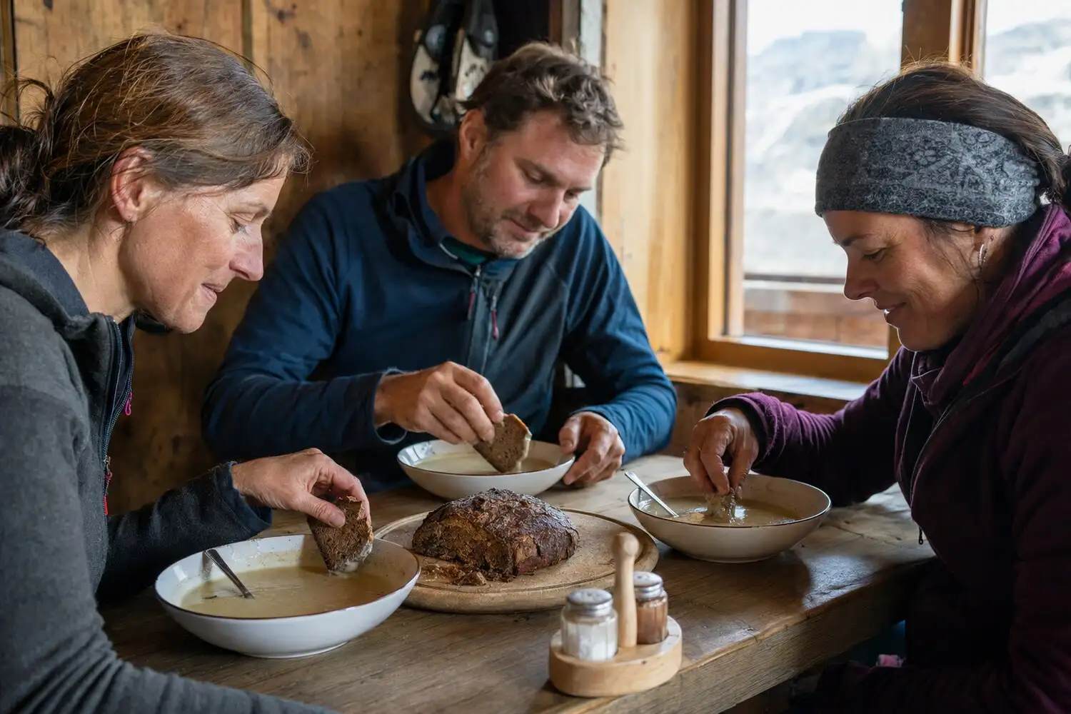 Graukäsesuppe being prepared and enjoyed at the hut