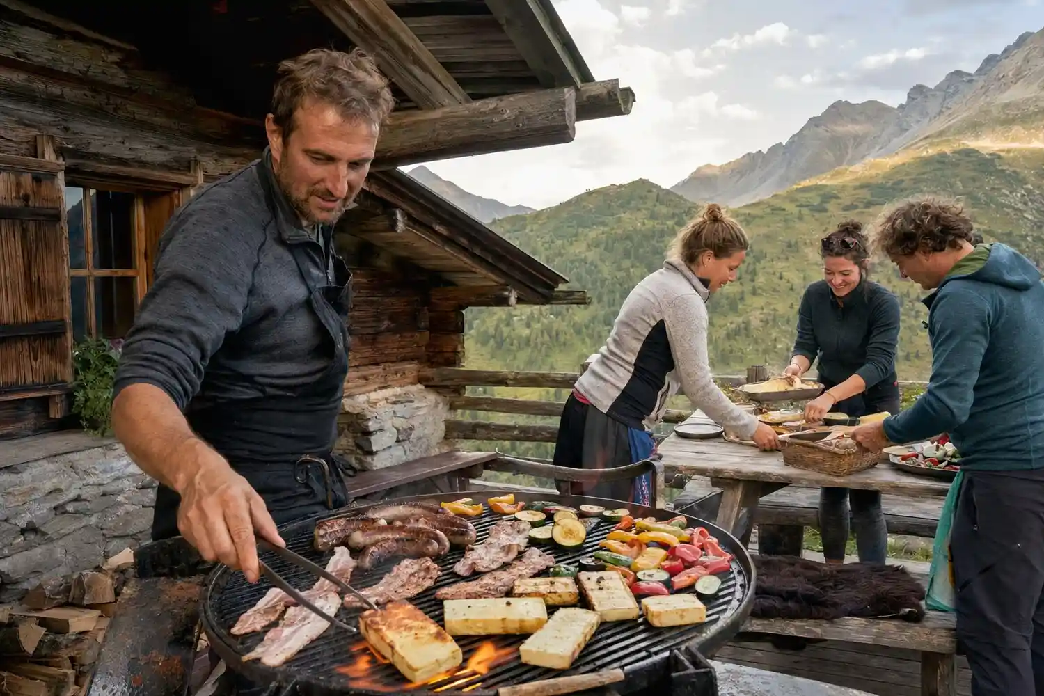 Hütten-Grillplatte being prepared and enjoyed at the hut