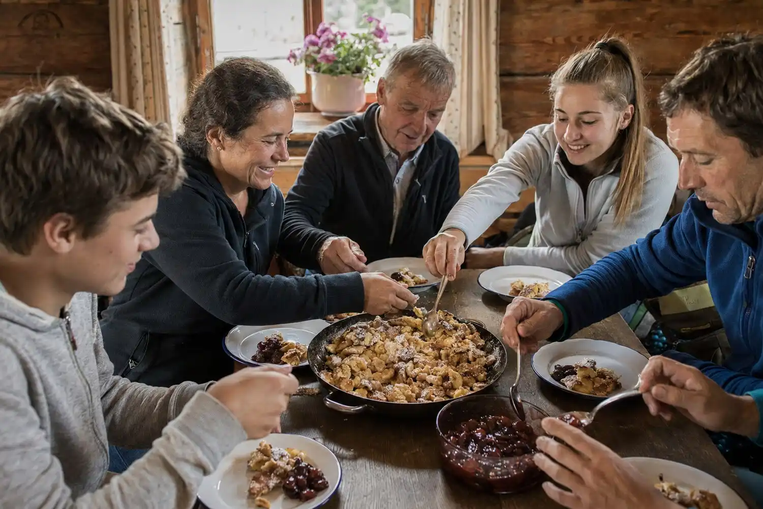 Kaiserschmarrn being prepared and enjoyed at the hut