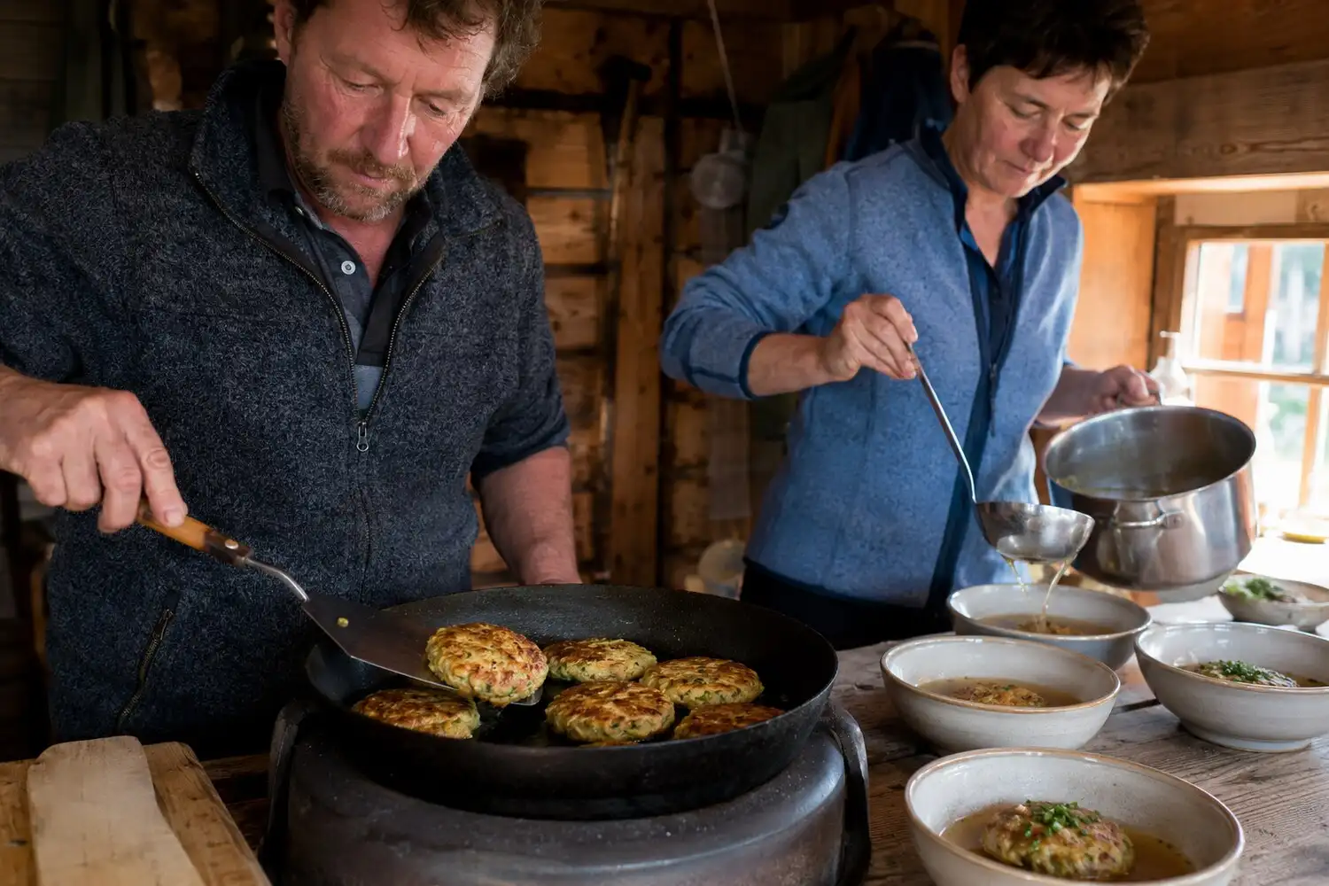 Kaspressknödel being prepared and enjoyed at the hut
