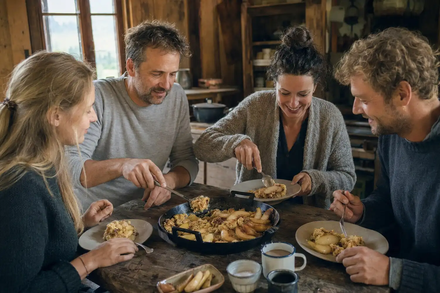 Mostviertler Birnenschmarrn being prepared and enjoyed at the hut