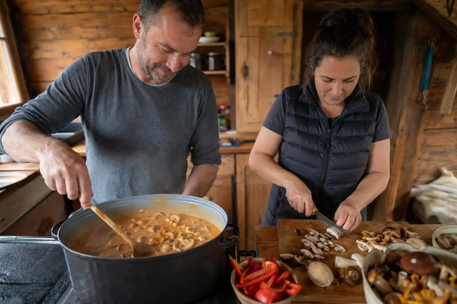 Schwammerlgulasch being prepared and enjoyed at the hut