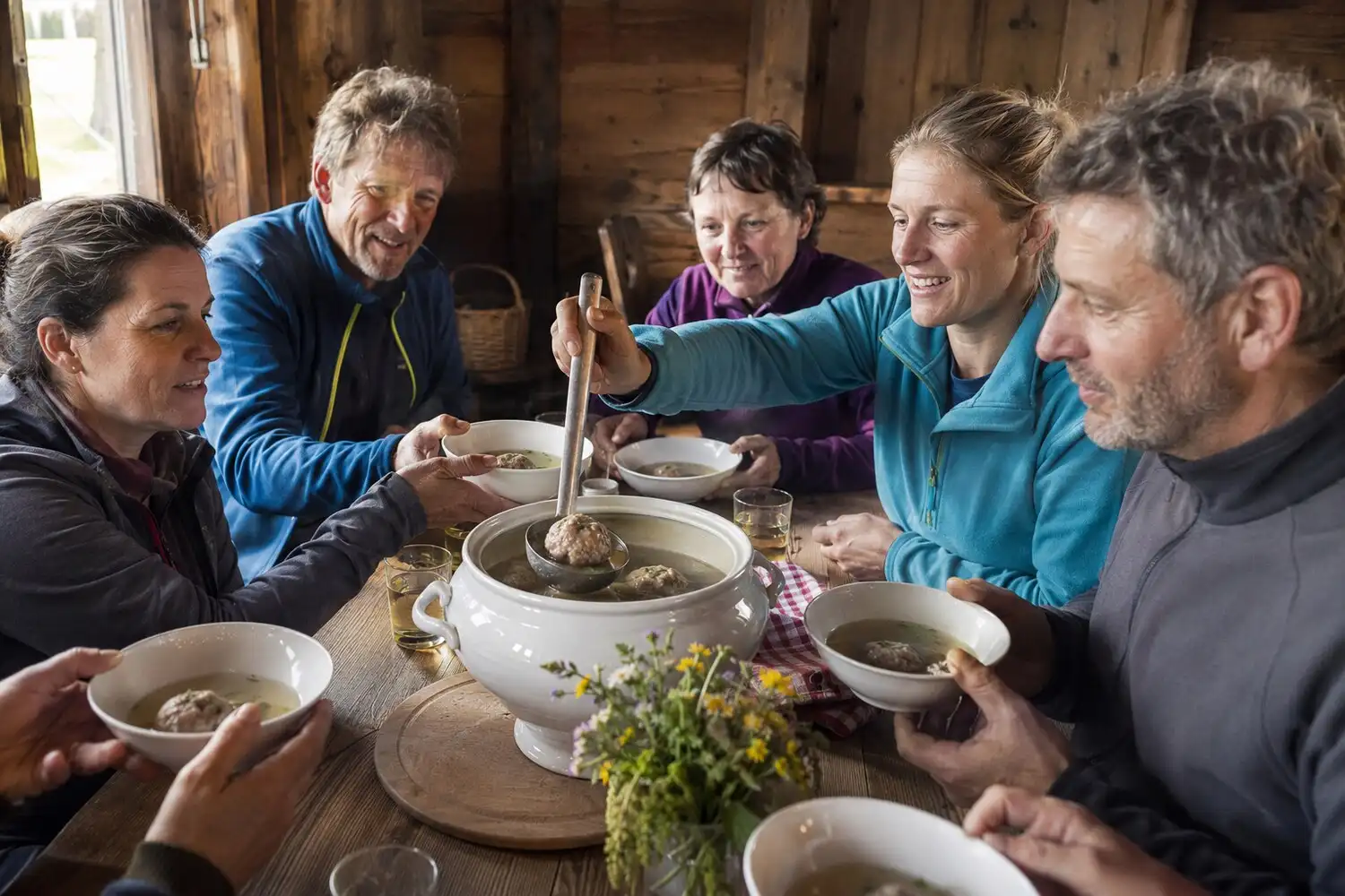 Speckknödel being prepared and enjoyed at the hut