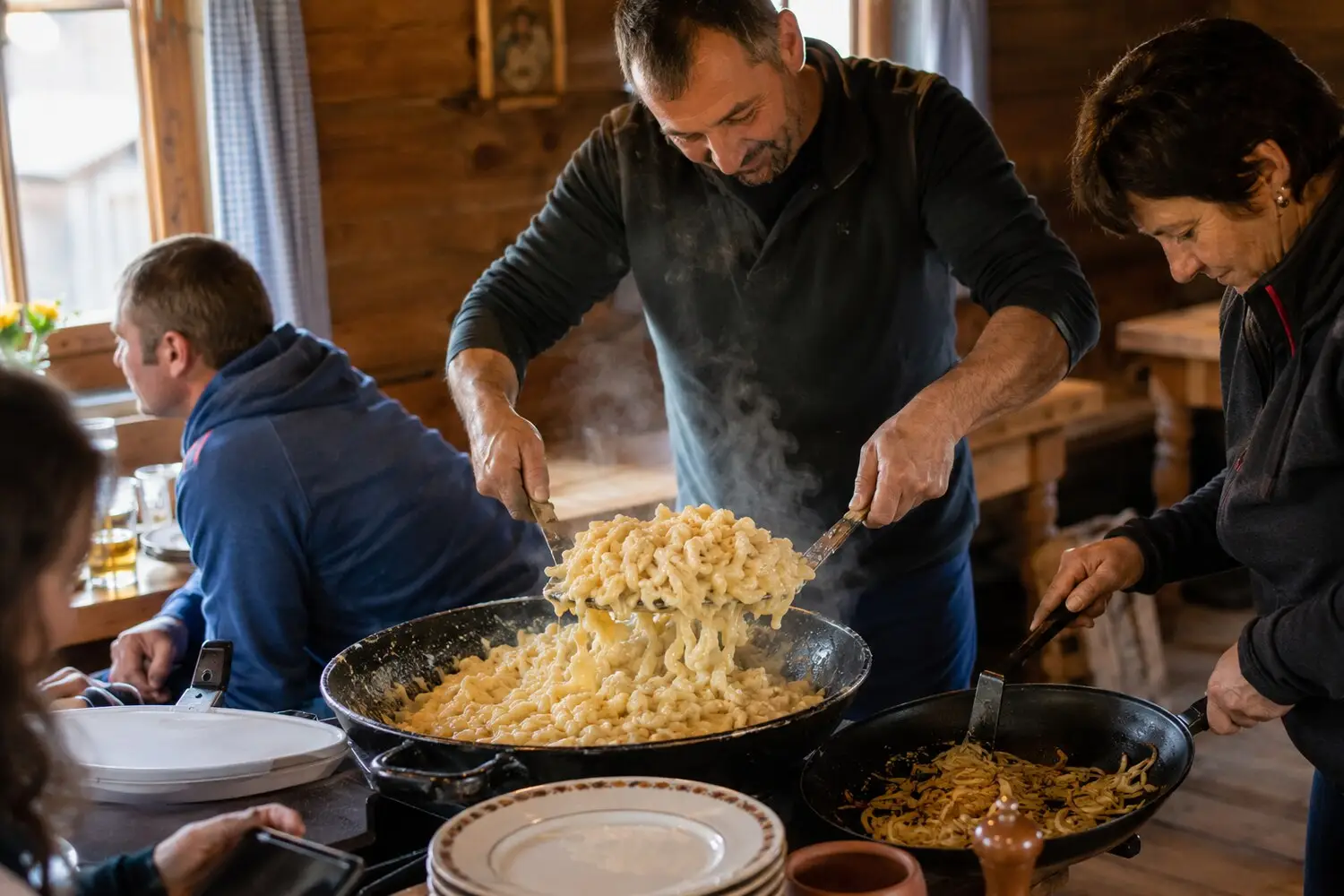 Vorarlberger Kässpätzle being prepared and enjoyed at the hut