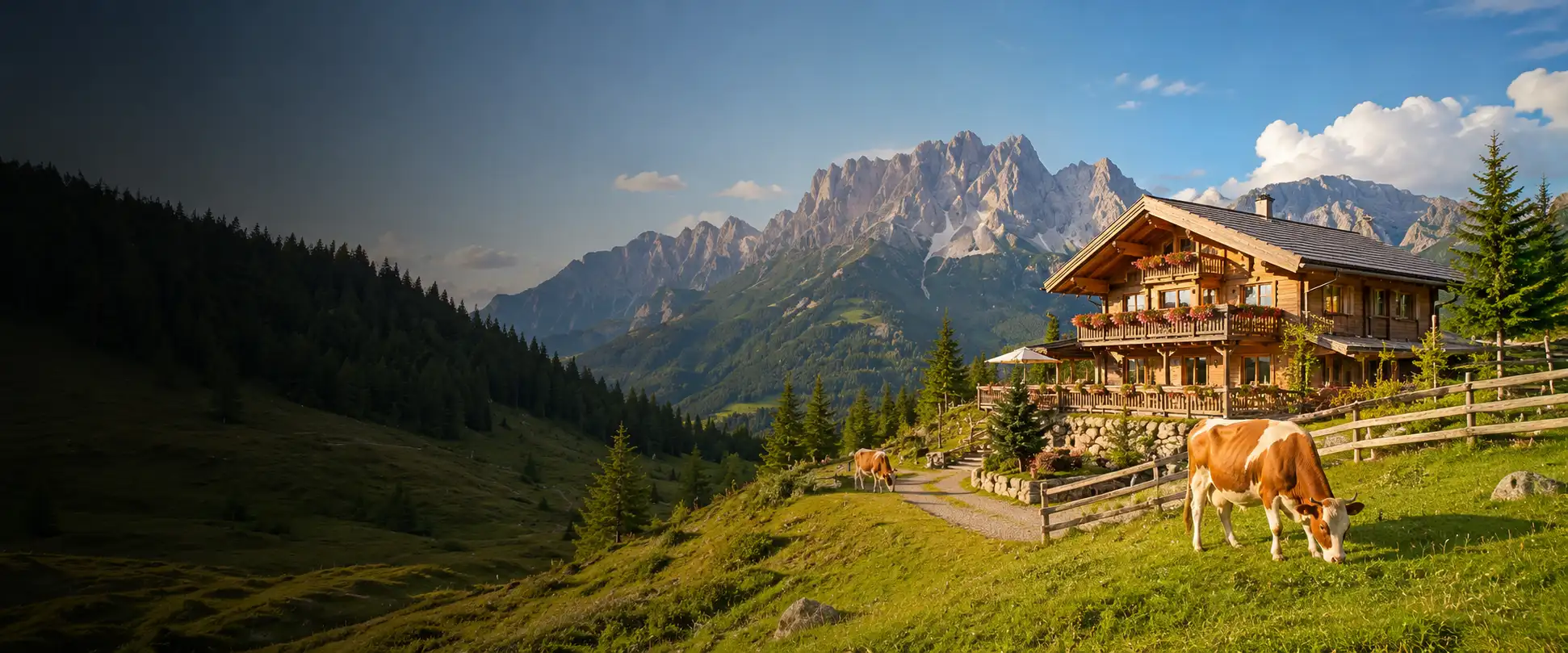 Almhütte auf der Almwiese mit weidenden Kühen