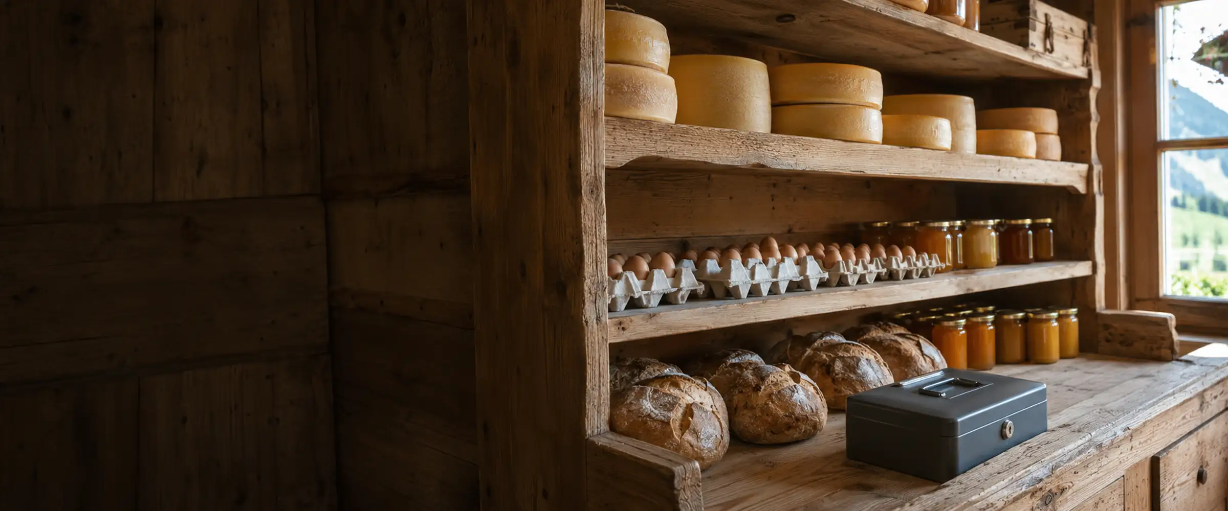Hofladen mit Käse, Eiern und Brot
