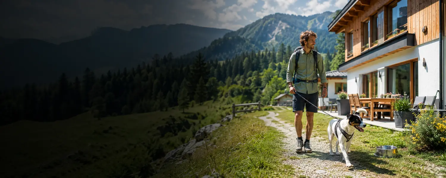 Dog looking out over the Austrian mountains – hut holiday with your dog in the Alps