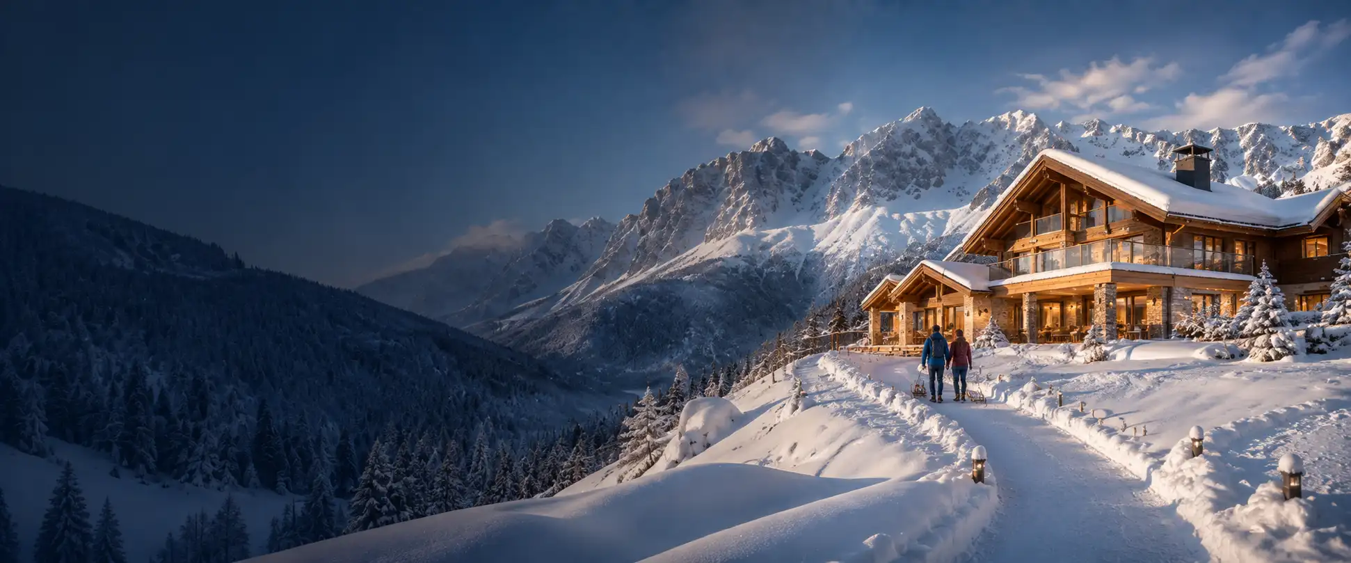 Verschneite Hütte mit Licht im Fenster – Schneehütte mieten