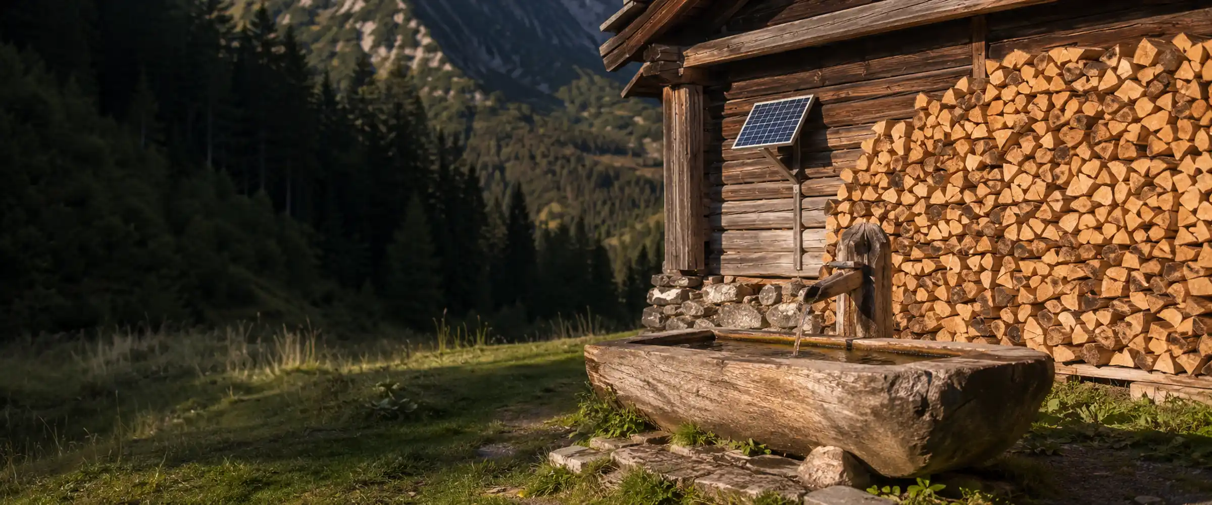 Hütte mit Holzstoß und Brunnen