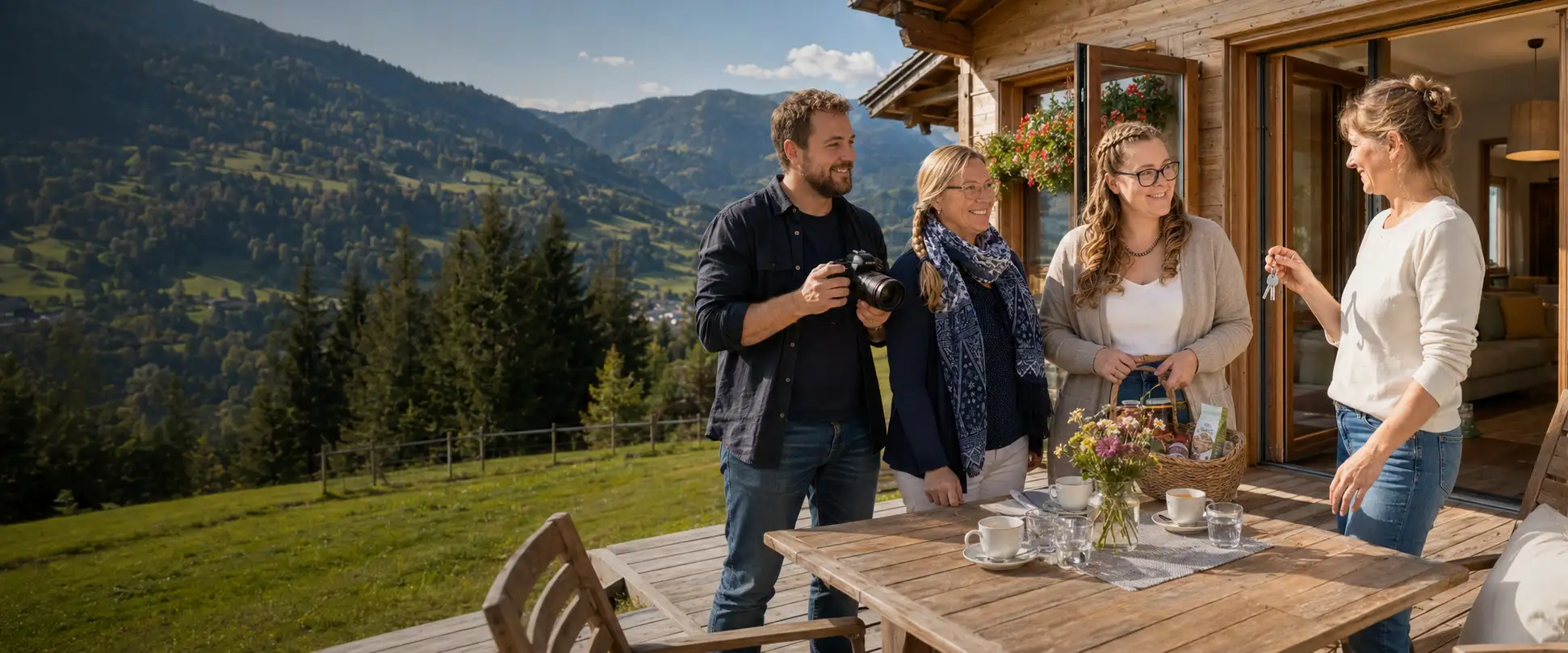 On-site visit on a hut terrace: the host hands over the key, a photographer and two guests stand by