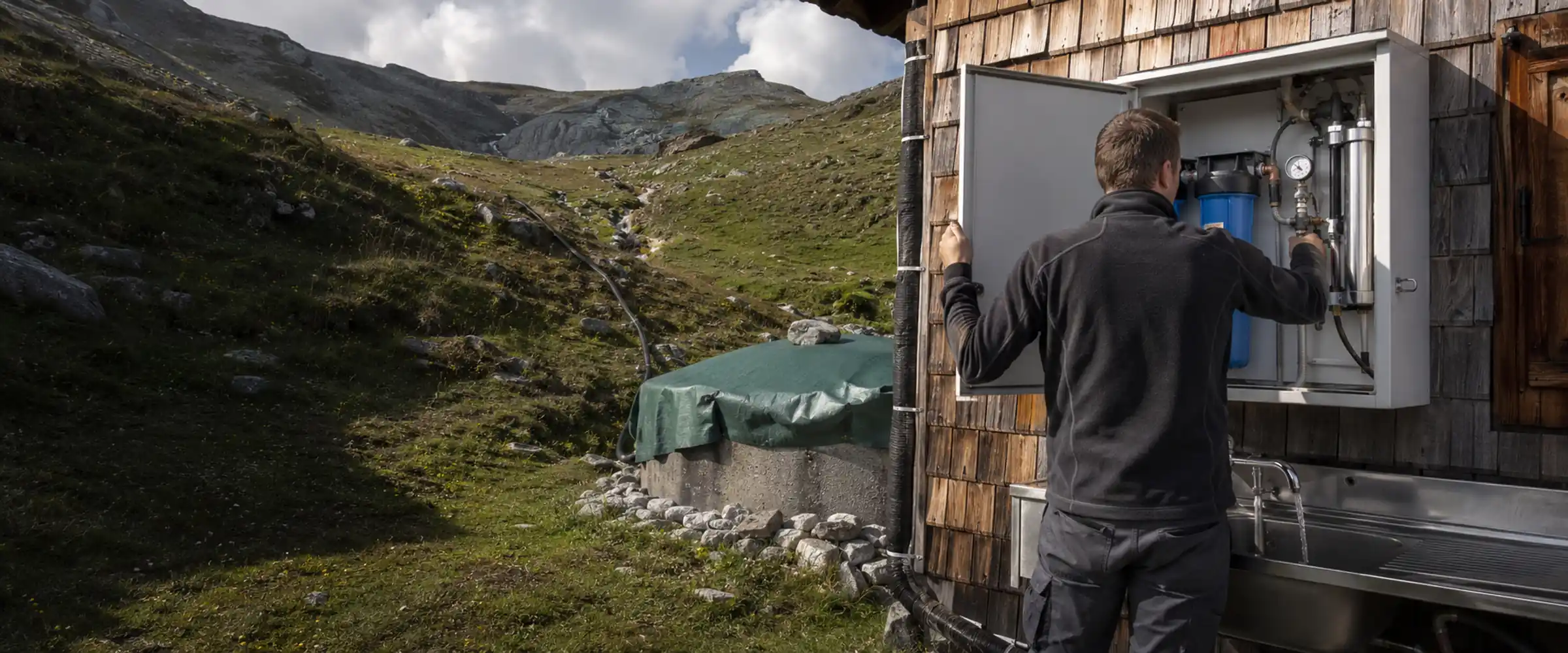 Maintenance of the water treatment on the hut wall, behind it the covered spring tapping