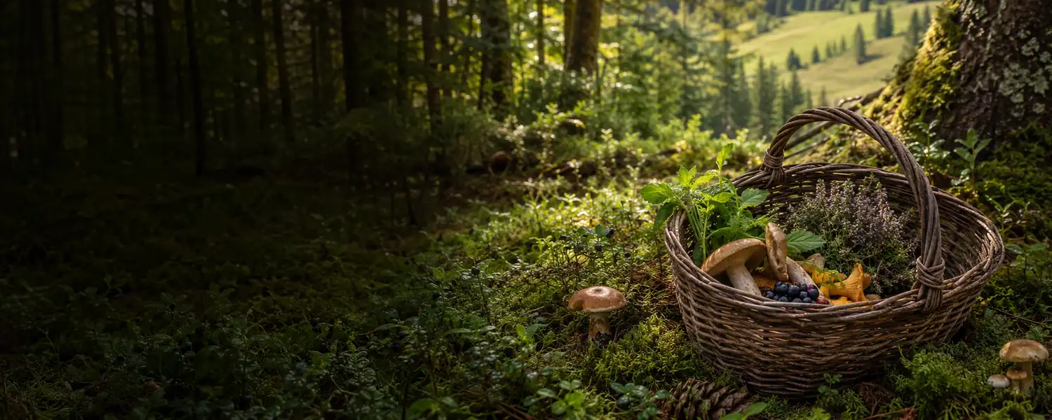 Waldgold – frisch gesammelte Pilze, Beeren und Wildkräuter in einem Korb im österreichischen Wald